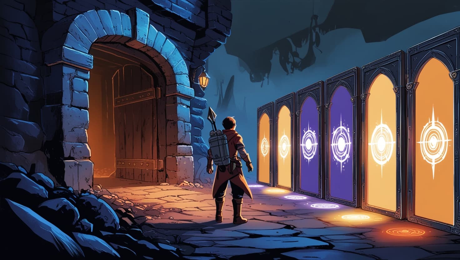 A frustrated adventurer pushing away from a glitching battle grid, while five glowing doorways behind them each reveal a different way to play