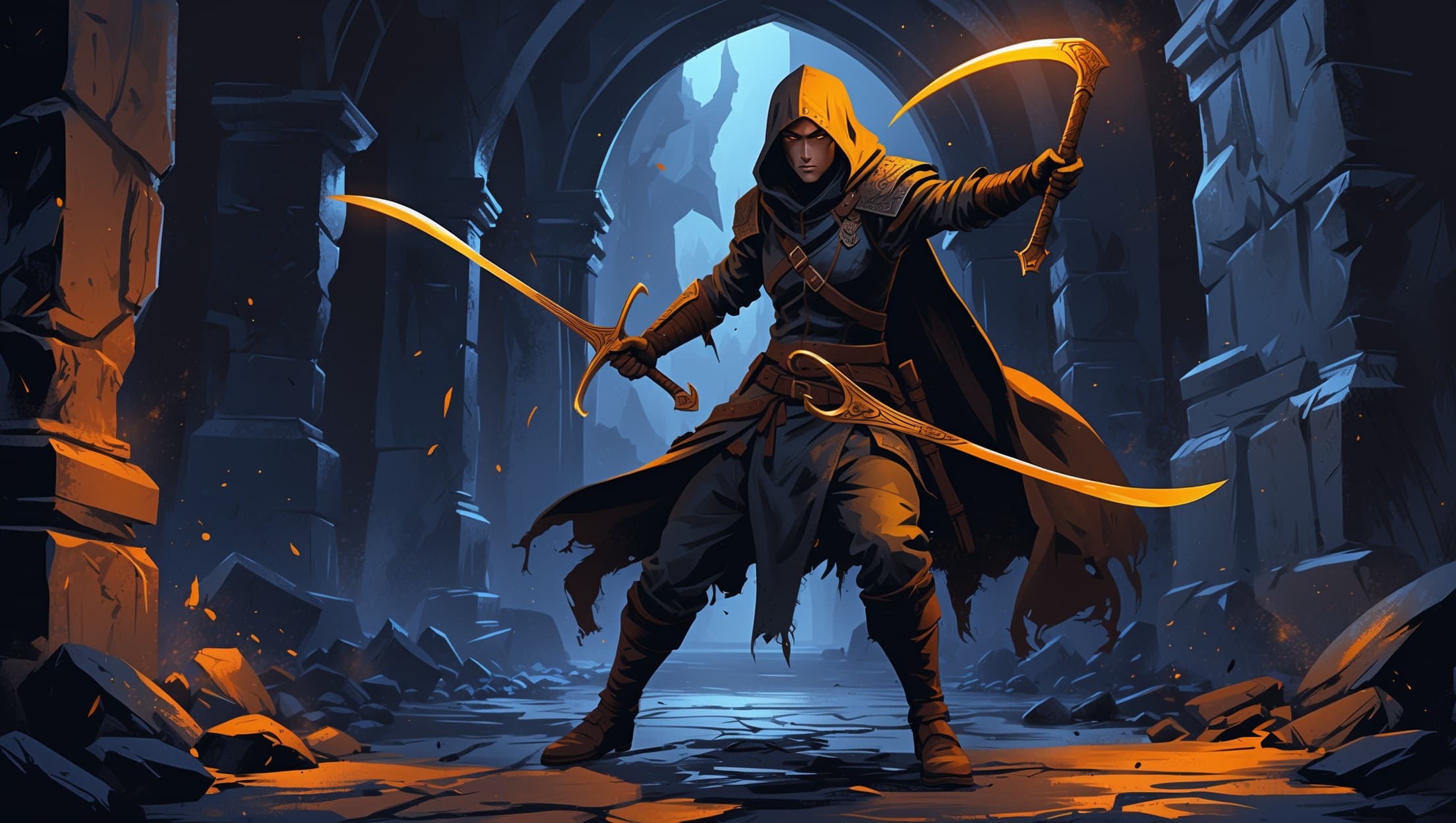 A rogue dual-wielding two curved daggers mid-strike in a torchlit dungeon corridor, warm amber blade glints against deep indigo shadow