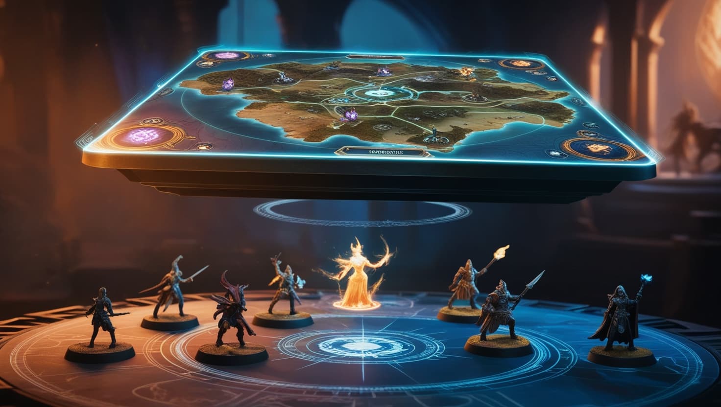 Multiple virtual tabletop platforms displayed side by side on a gaming desk