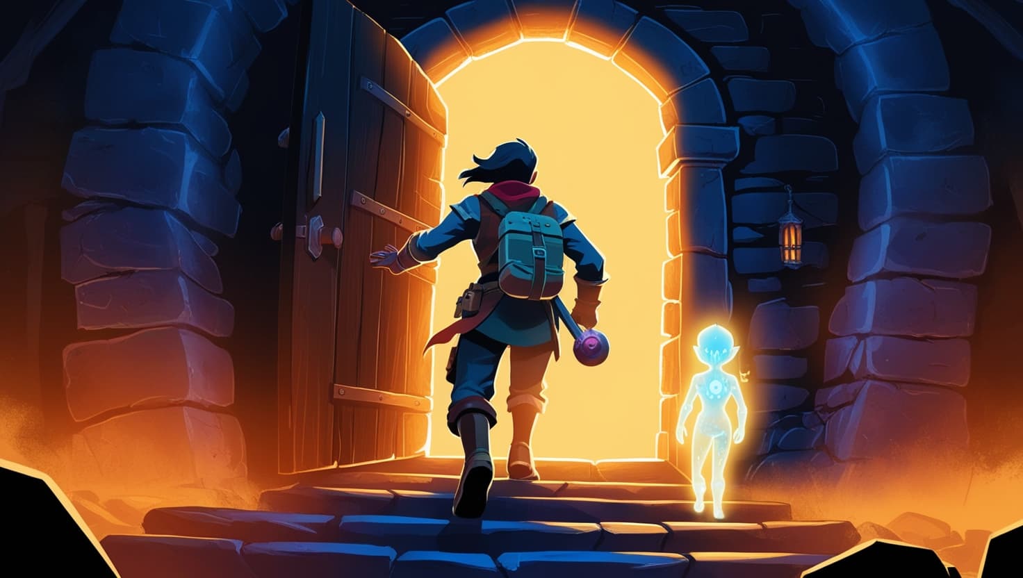 A lone adventurer sitting at an empty tavern table with a character sheet and dice, warm amber candlelight in an indigo-toned room