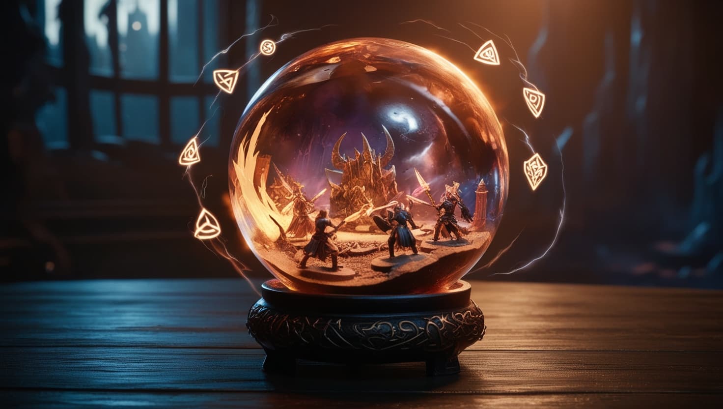 Magical AI entity sitting in a dungeon master chair surrounded by floating dice and spell effects