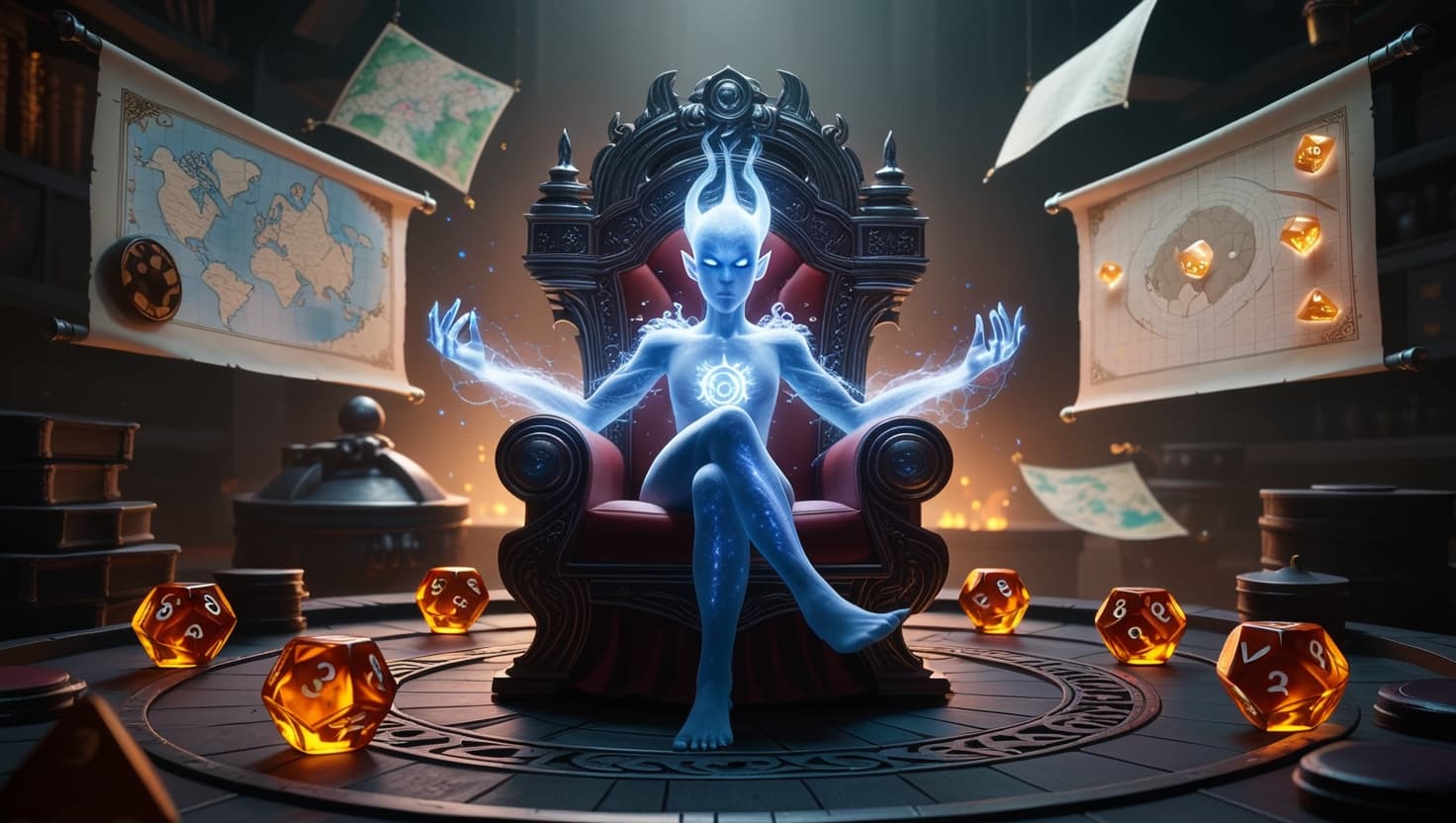Ethereal AI figure surrounded by floating maps and glowing dice in a fantasy tavern