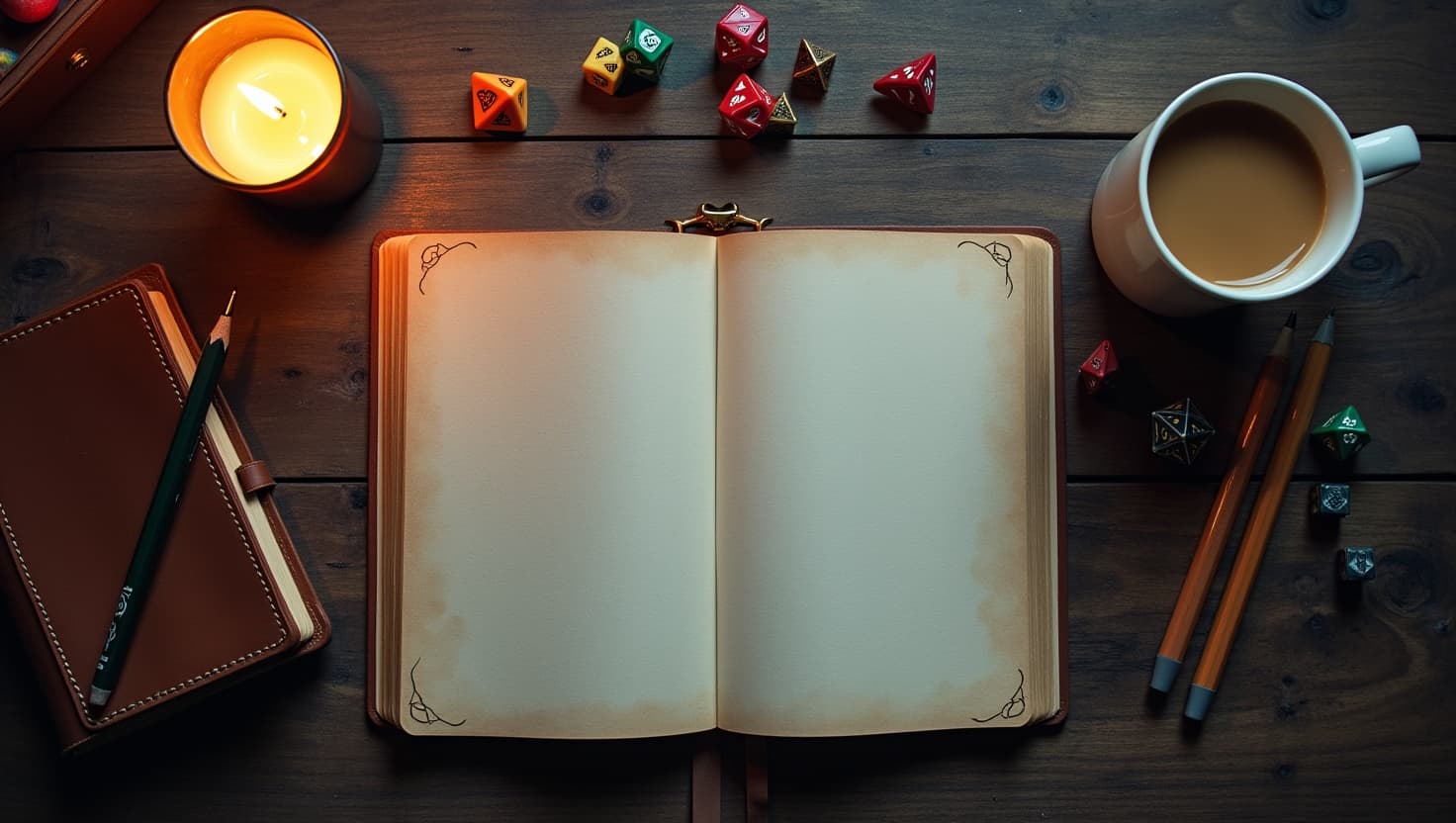 Empty table with character sheets, dice, and a blank notebook ready for a pre-game Session Zero conversation