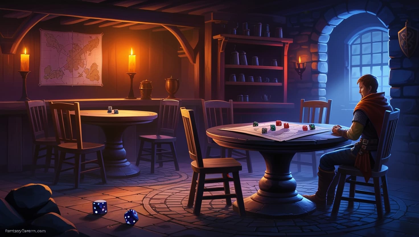 A lonely adventurer waiting at an empty tavern table with scattered dice and maps, warm candlelight casting long shadows