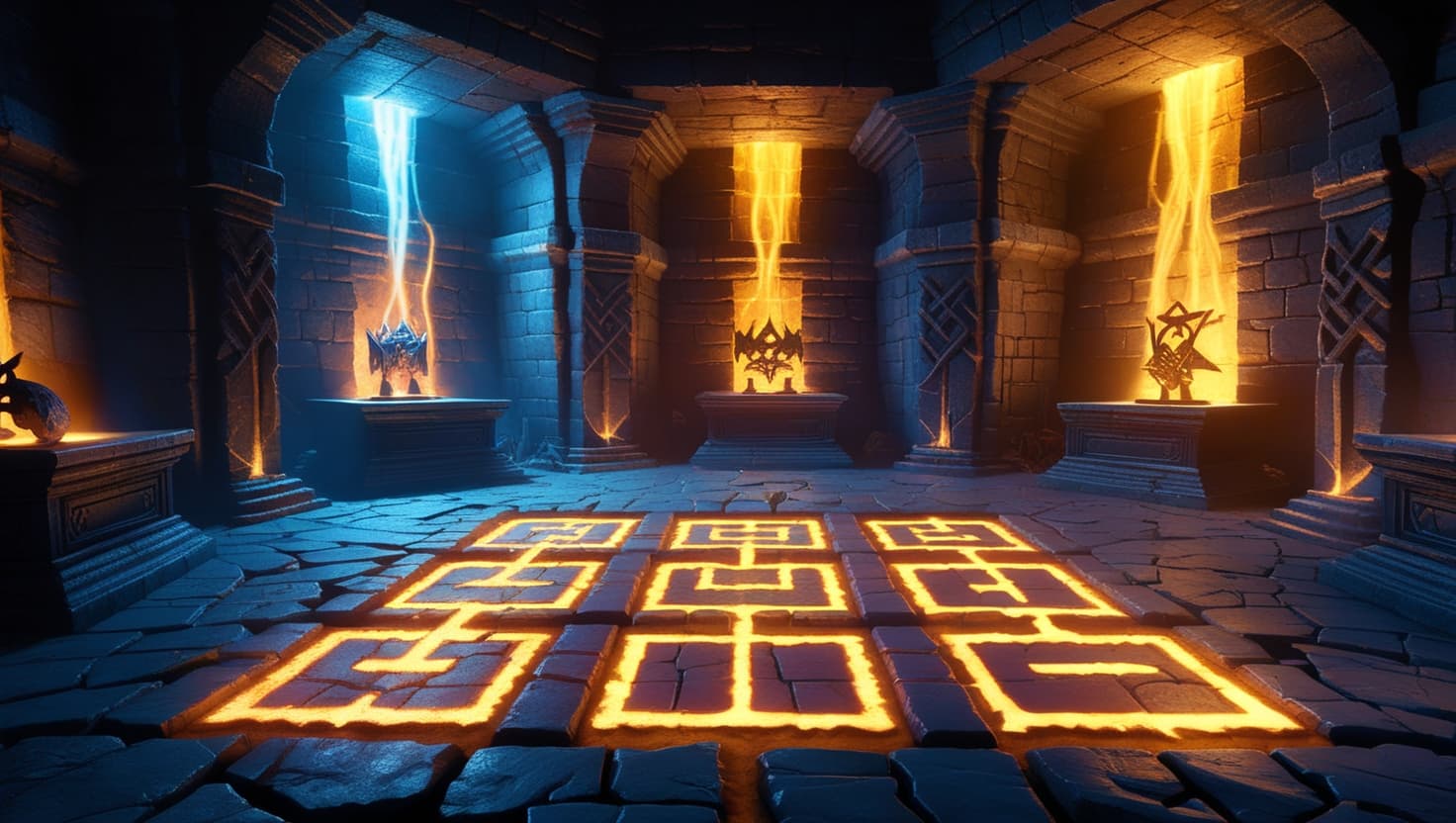 Ancient dungeon chamber with glowing runic puzzle symbols on the stone floor, lit by amber and indigo magical light