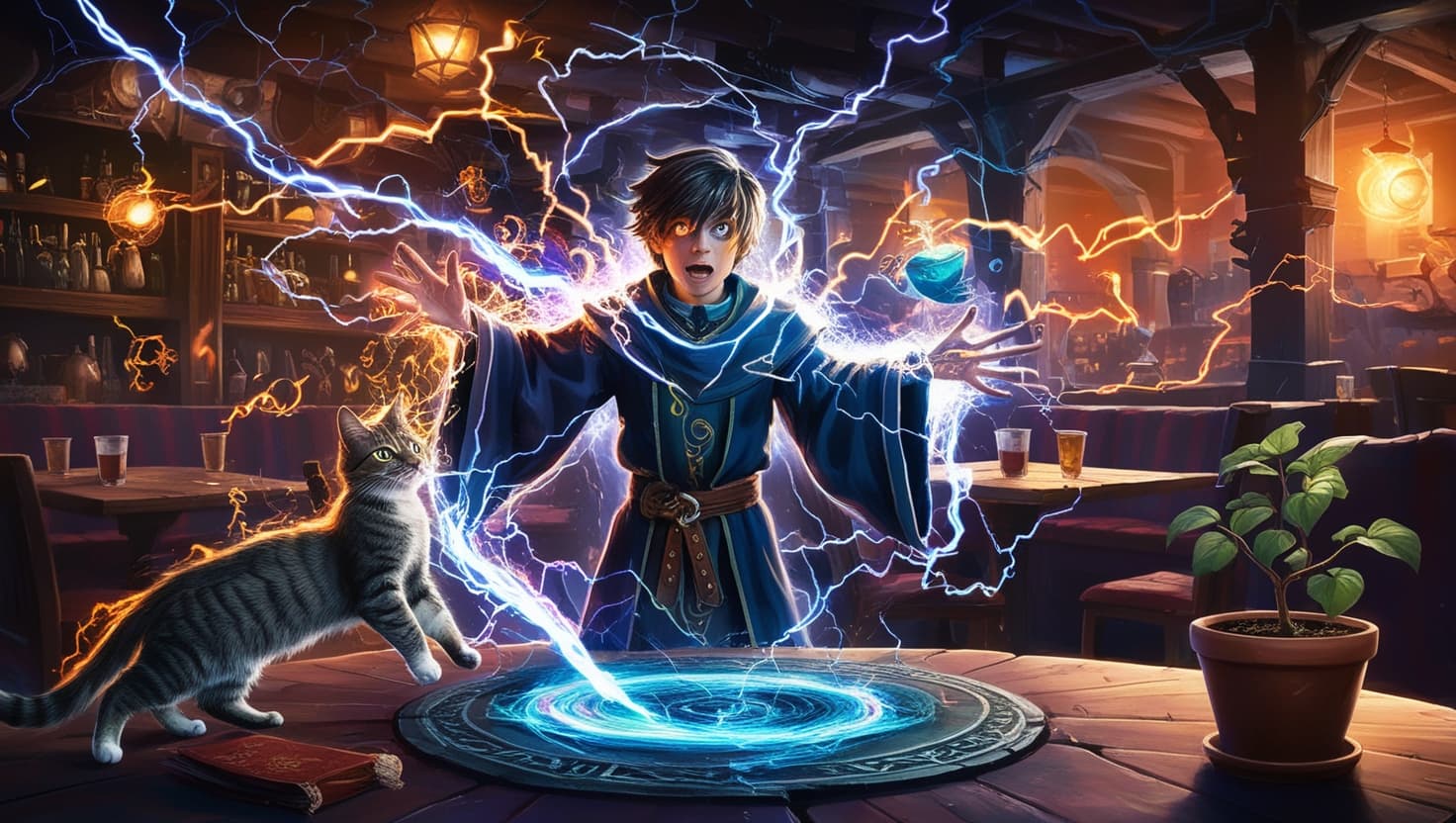 A sorcerer crackling with chaotic multicolored energy as wild magic swirls through a tavern, objects floating mid-air